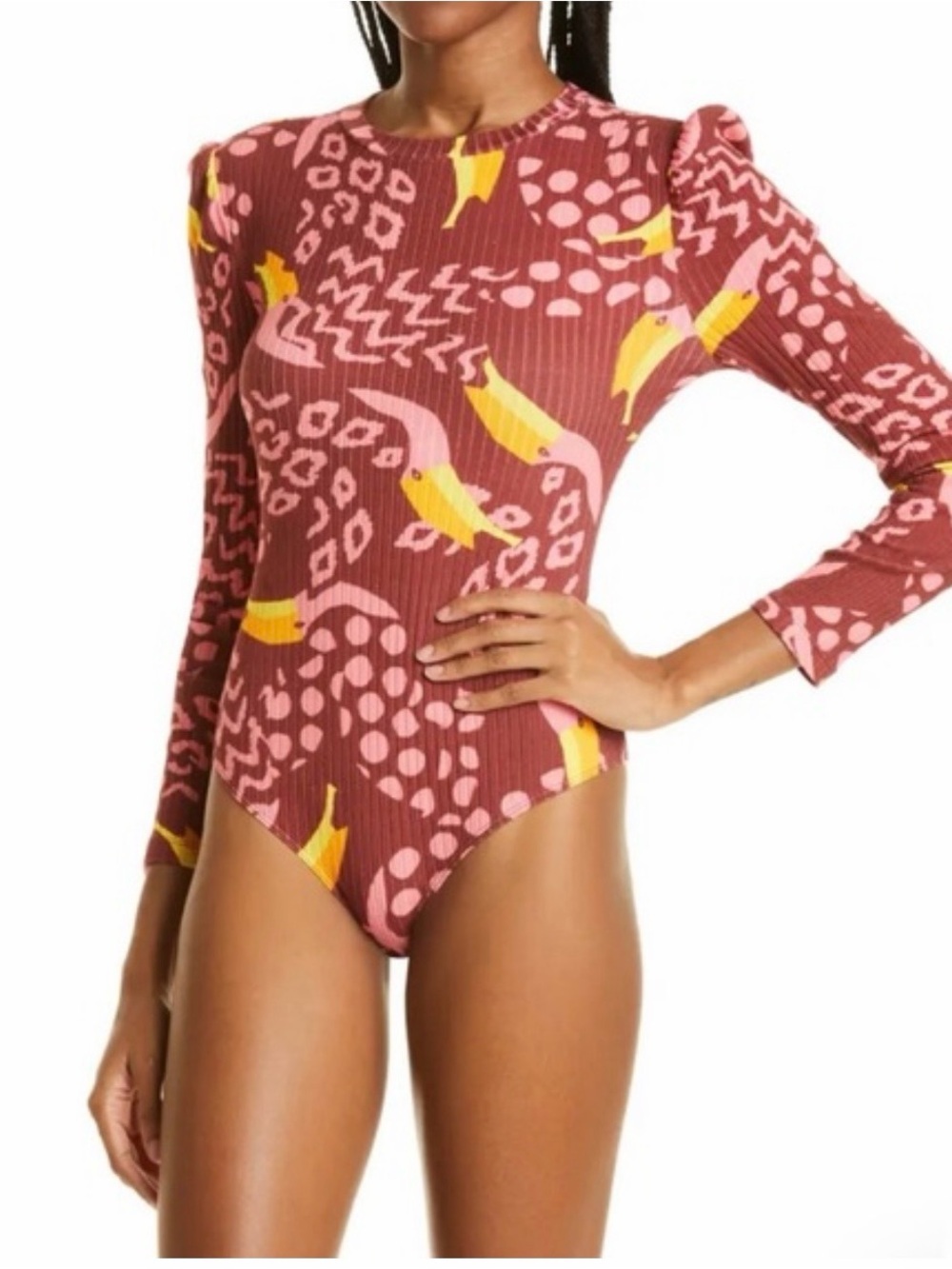 FARM Rio Pink and Yellow Patterned Long-Sleeve Bodysuit